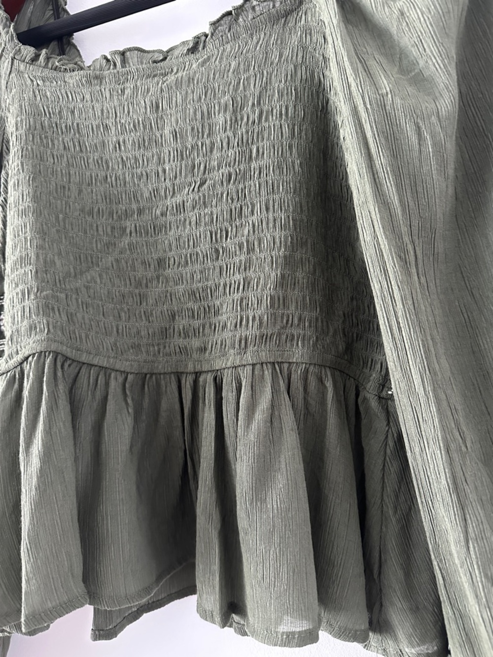 Francesca's Collections Olive Peasant Blouse with Smocked Waist - Picture 9 of 10